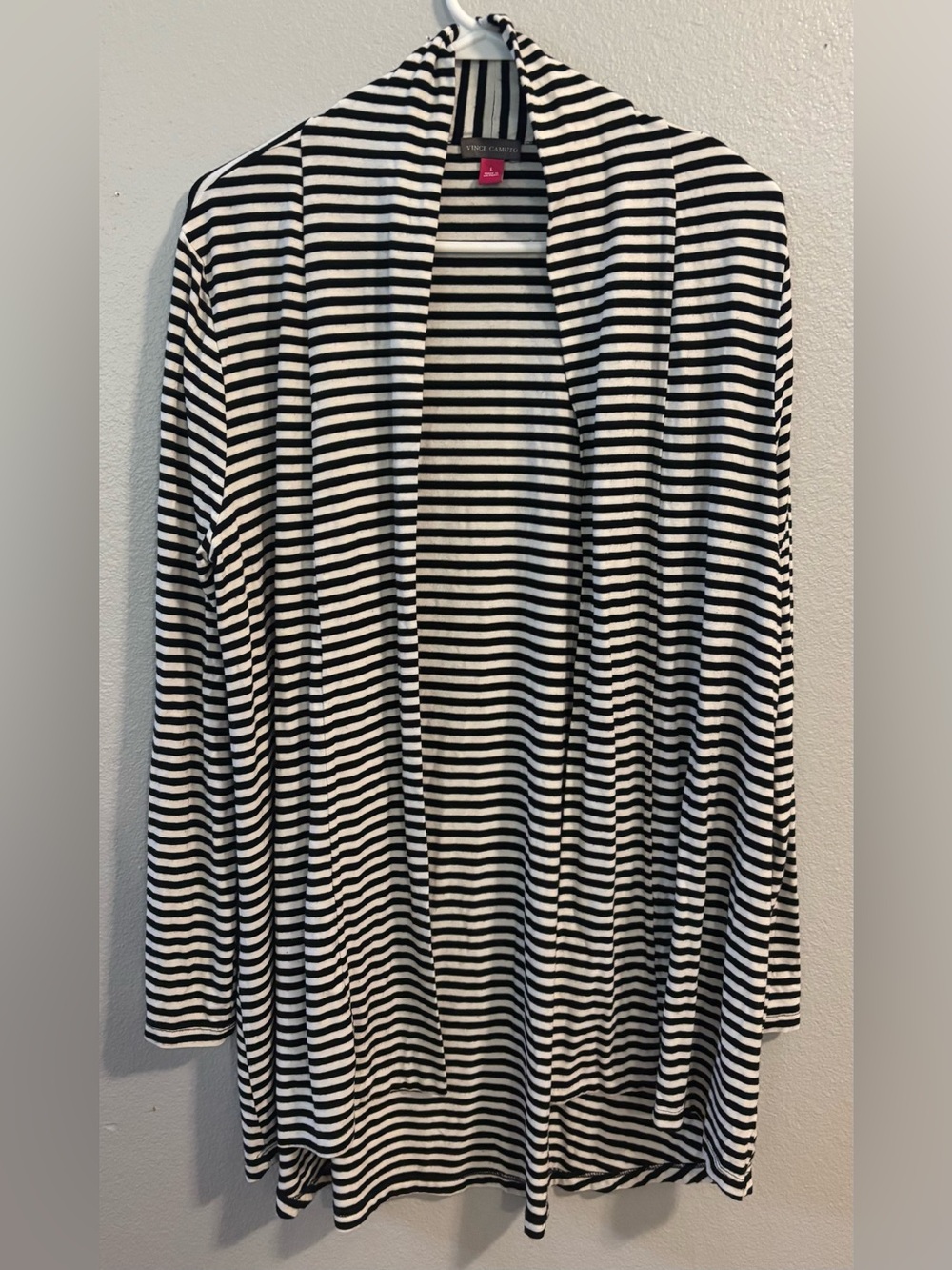 Vince Camuto Cardigan Sz Lg Open Front Black & White Stripe Long Sleeve Viscose